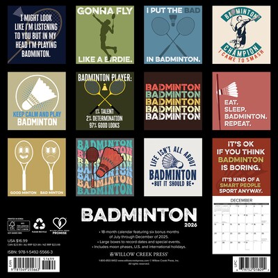 2026 Willow Creek Badminton 12 x 12 Monthly Wall Calendar, Blue (55663)