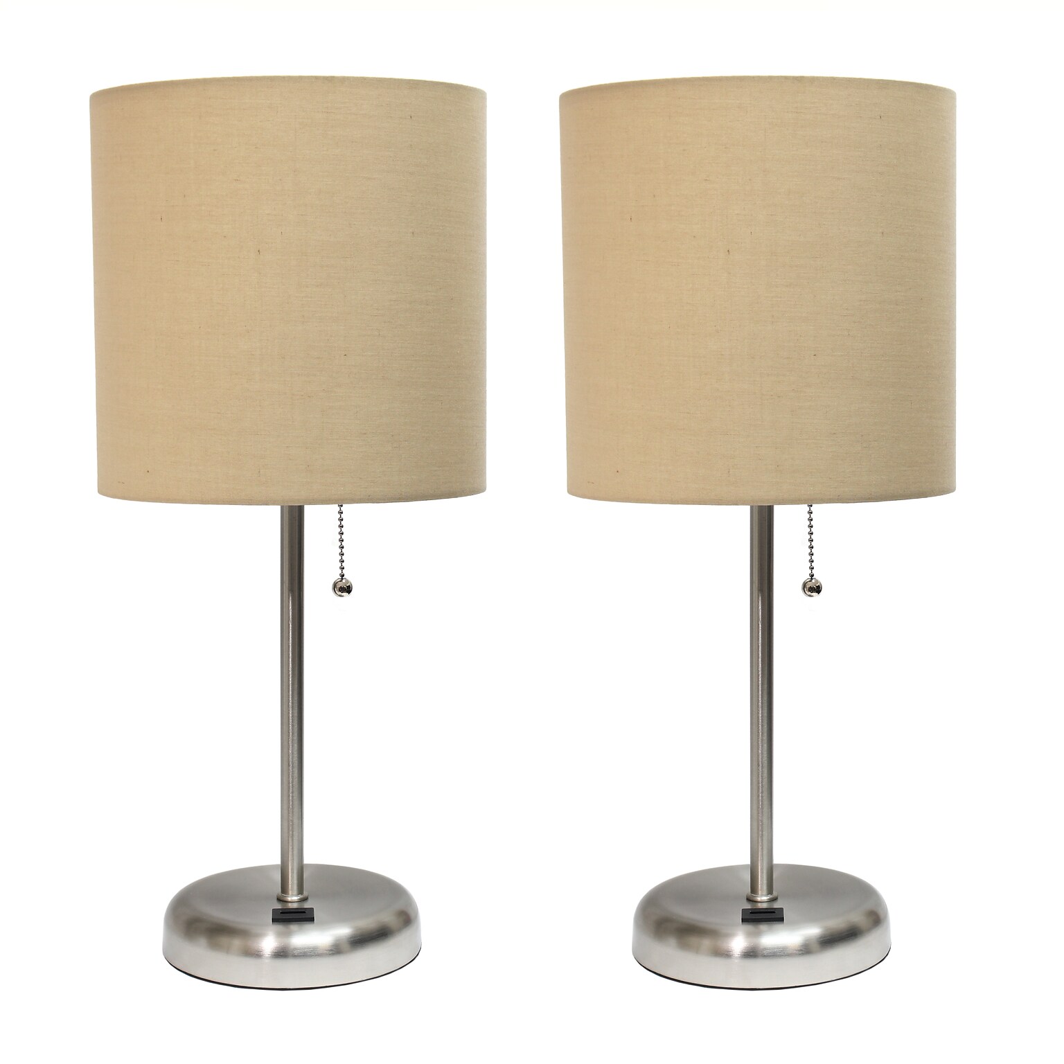 Creekwood Home Oslo Duo 19.5 LED Table Lamp with USB Port, Brushed Steel/Tan Shade, 2/Set (CWT-2012-TN-2PK)