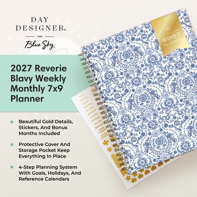 2027 Blue Sky Day Designer 7" x 9" Weekly & Monthly Planner, White/Blue (163850)