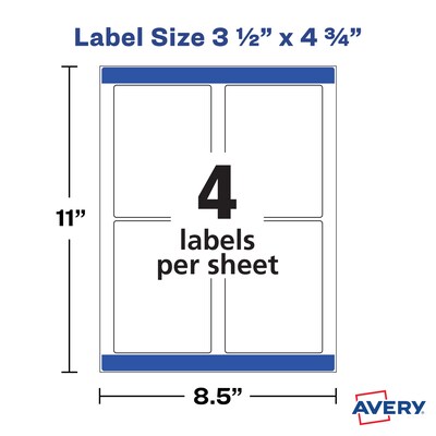 Avery Laser/Inkjet Print-to-the-Edge Labels, 3.5" x 4.75", Satin White, 4 Labels/Sheet, 8 Sheets/Pack, 32 Labels/Pack (22827)