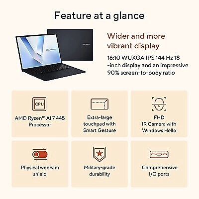 ASUS Vivobook 18 WUXGA 18 Laptop, AMD Ryzen AI 7 445 (2026), 16GB RAM, 512GB SSD, Backlit Keyboard, Windows 11