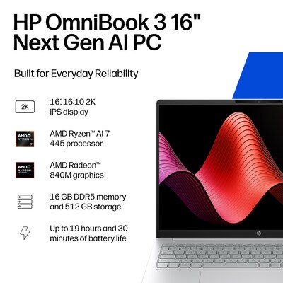 HP OmniBook 3 16 Laptop, Copilot+ PC, AMD Ryzen AI 7 445, 16GB RAM, 512GB SSD, +19 Hour Battery, Windows 11 Home