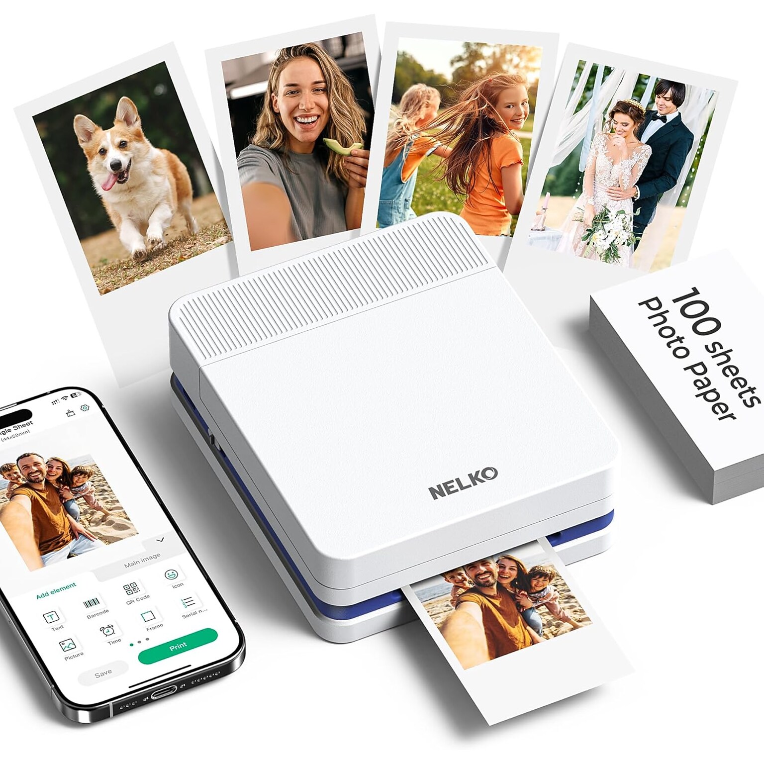 NELKO Inkjet Portable Bluetooth Photo Printer with 100 Sheets Photo Paper (US-PP03WHPU-PA100S)