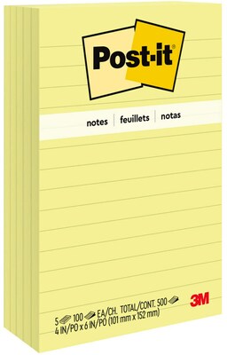 Post-it Sticky Notes, 4 x 6 in., 5 Pads, 100 Sheets/Pad, Lined, The Original Post-it Note, Canary Yellow