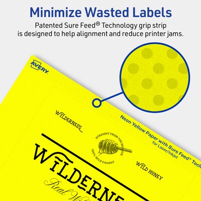 Avery Laser/Inkjet Rectangle Multipurpose Labels, 5" x 6", Neon Yellow, 20/Pack (94257)