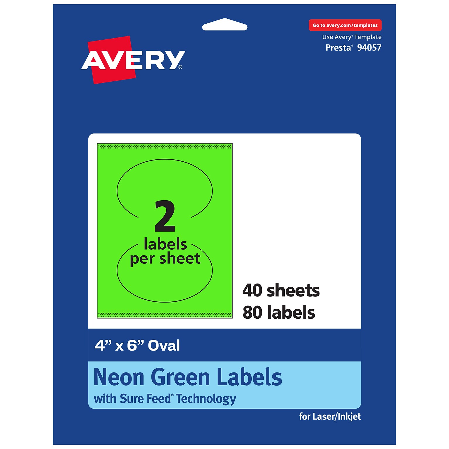 Avery Laser/Inkjet Multipurpose Oval Labels, 4 x 6, Neon Green, 80/Pack (94057)
