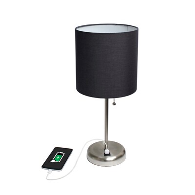Creekwood Home Oslo Duo 19.5" LED Table Lamp with USB Port, Brushed Steel/Black Shade, 2/Set (CWT-2012-BK-2PK)