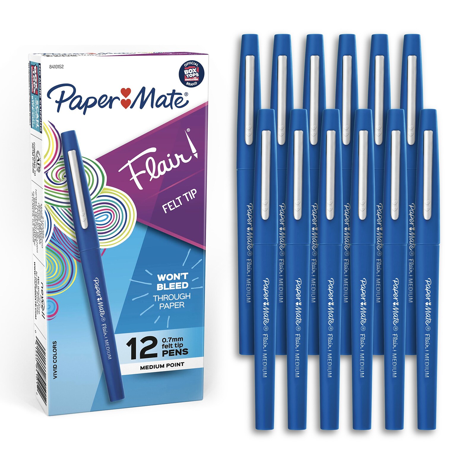 Paper Mate Flair Felt Pen, Medium Point, 0.7mm, Blue Ink, Dozen (8410152)
