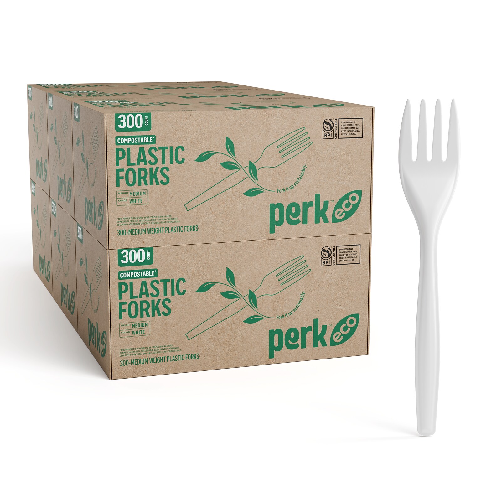 Perk™ Eco Compostable PLA Fork, Medium-Weight, White, 1800/Carton (PK56201CT)