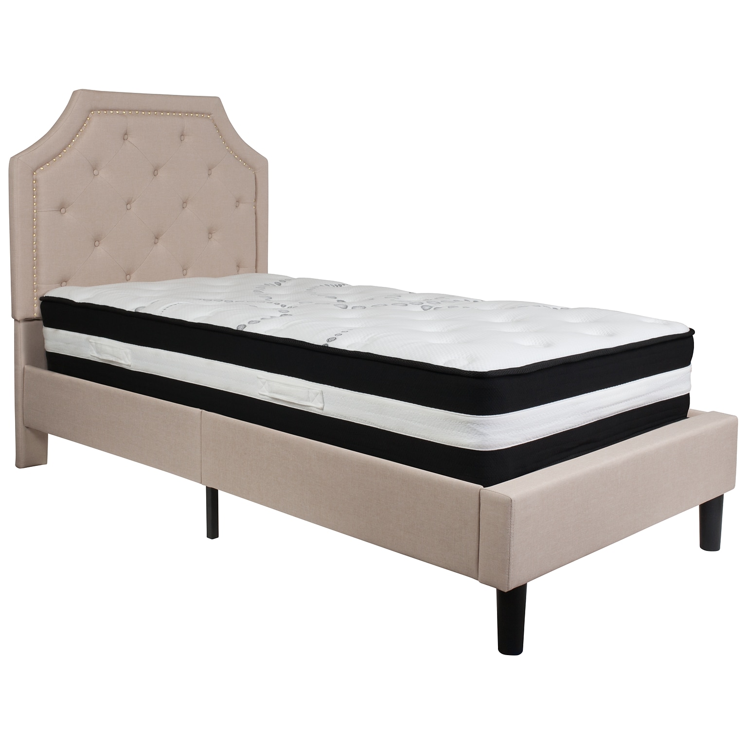 Flash Furniture Brighton Tufted Upholstered Platform Bed in Beige Fabric with Pocket Spring Mattress, Twin (SLBM1)