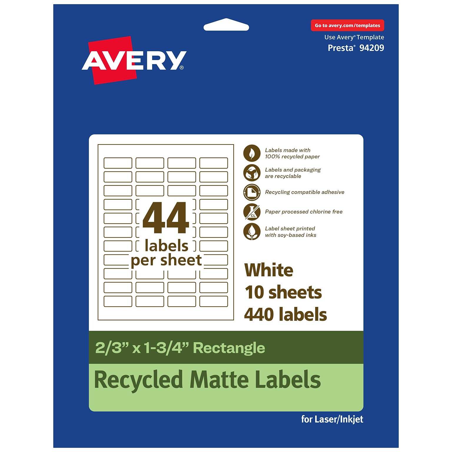 Avery EcoFriendly Laser/Inkjet Rectangle Multipurpose Labels, 2/3 x 1-3/4, White, 440/Pack (94209)