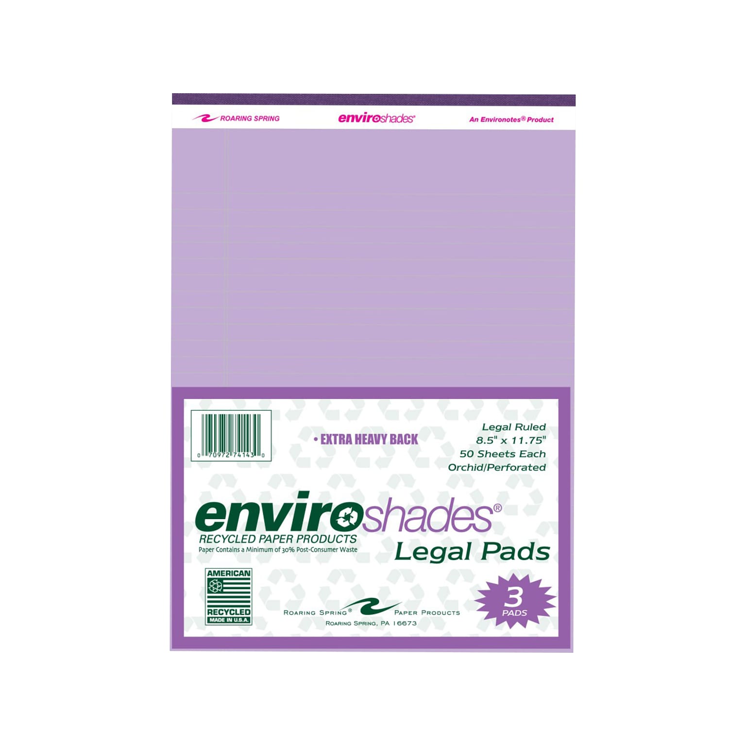 Roaring Spring Paper Products Legal Pads, Recycled Orchid Paper, 8.5 x 11.75, 50 Sheets/Pad, 3 Pads/Pack (74143)