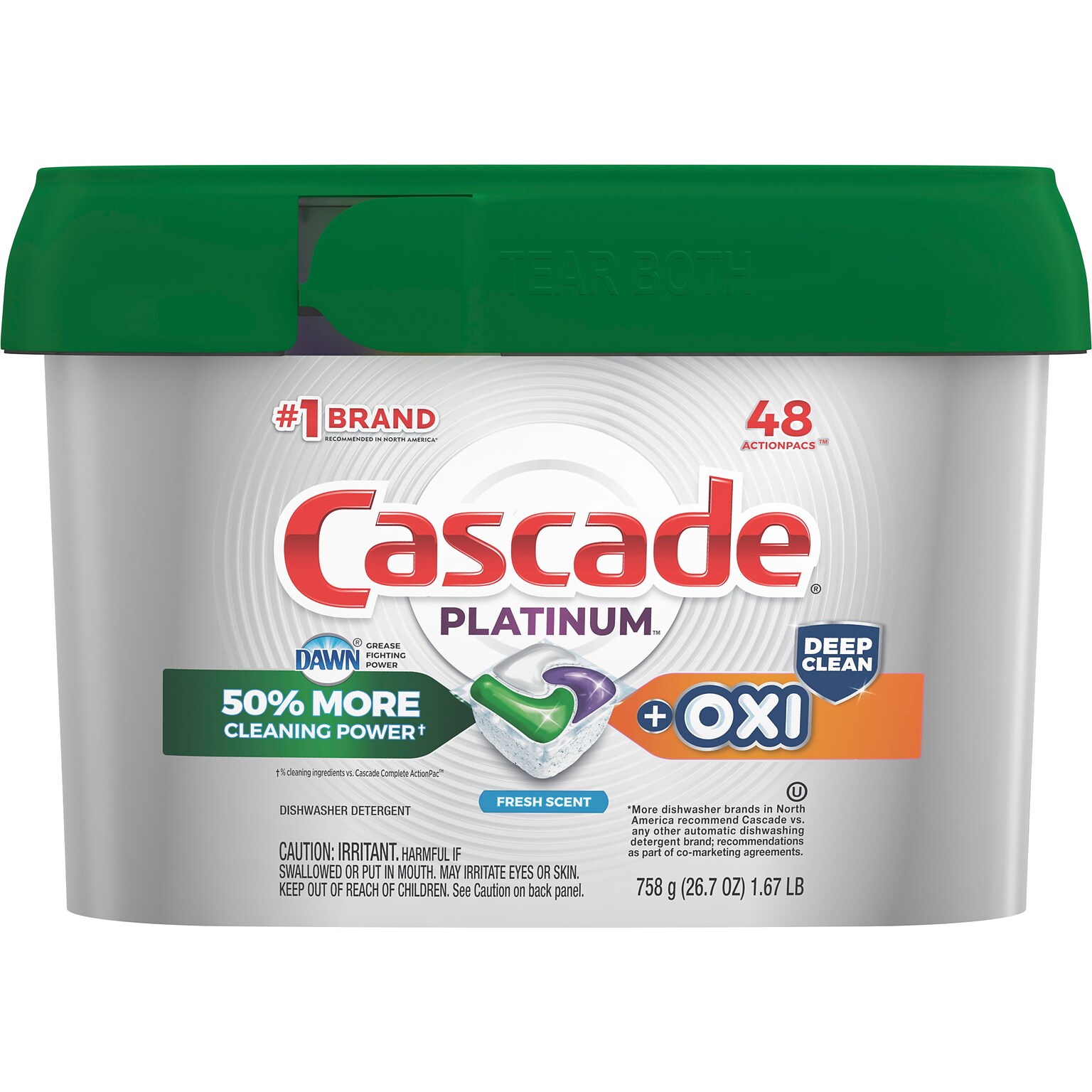 Cascade Platinum ActionPacs + Oxi Dishwashing Detergent Pods, Fresh Scent, 48 Pods/Box (3700027425)