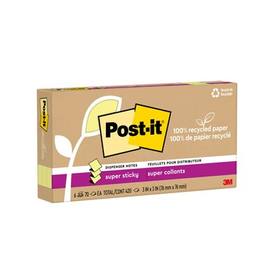 Post-it Recycled Pop-up Super Sticky Notes, 3" x 3", Canary Collection, 70 Sheets/Pad, 6 Pads/Pack (R330R-6SSCY)