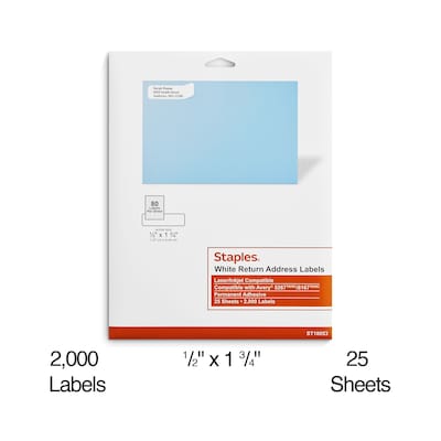 Staples® Laser/Inkjet Address Labels, 1/2" x 1 3/4", White, 80 Labels/Sheet,  25 Sheets/Pack, 2000 Labels/Box (ST18053-CC)