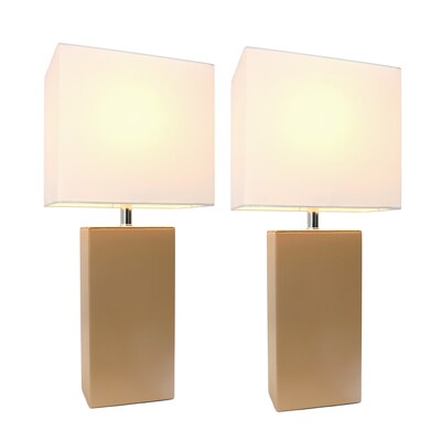 Lalia Home Lexington 21 2-Pack Leather Base Modern Bedside Table Lamp Set, White Fabric Shade, Beig