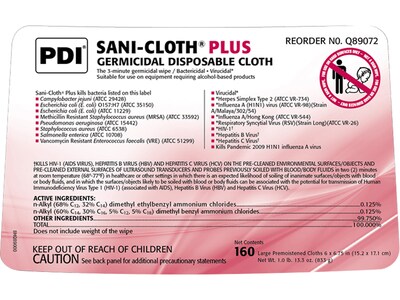 Sani-Cloth Plus Disinfecting Wipes, 160 Wipes/Canister, 12 Canisters/Carton (Q89072)