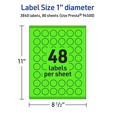 Avery Laser/Inkjet Multipurpose Circle Labels, 1" Dia., Neon Green, 3840/Box (94500)