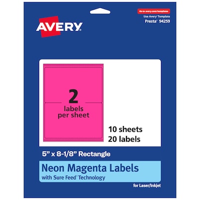 Avery Rectangle Laser/Inkjet Multipurpose Labels, 5 x 8-1/8, Neon Magenta (20/Pack)