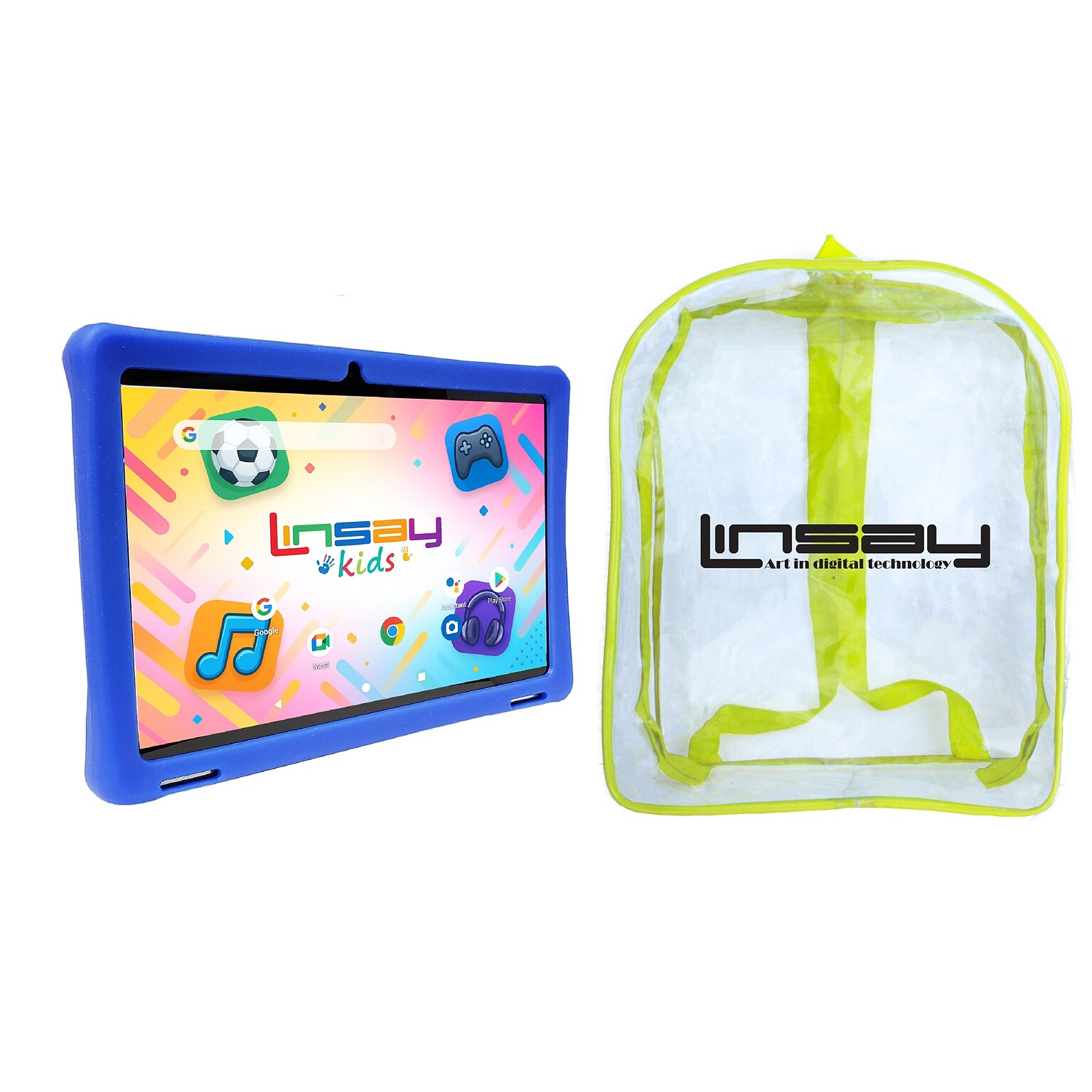 LINSAY F10 Series 10.1 Tablet, Wi-Fi, Octa Core, 256GB eMMC, Android 15, Blue Kids Defender Case & Backpack
