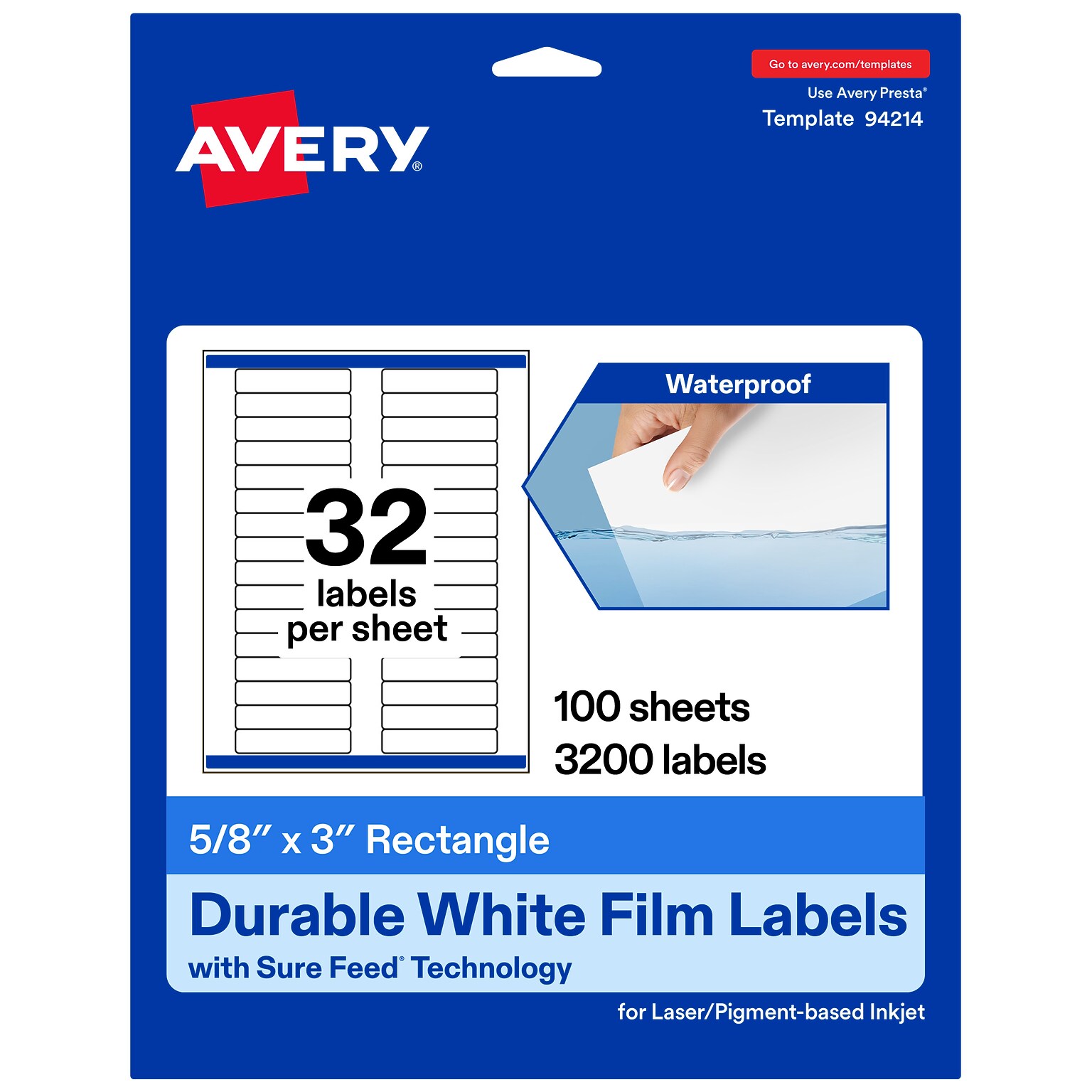 Avery Laser/Inkjet Rectangle Waterproof Multipurpose Labels, 3 x 0.625, White, 3200/Box (94214)