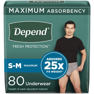 Depend Fit-Flex Adult Incontinence Underwear Men, Small/Medium, Grey, 80 Count (54202)