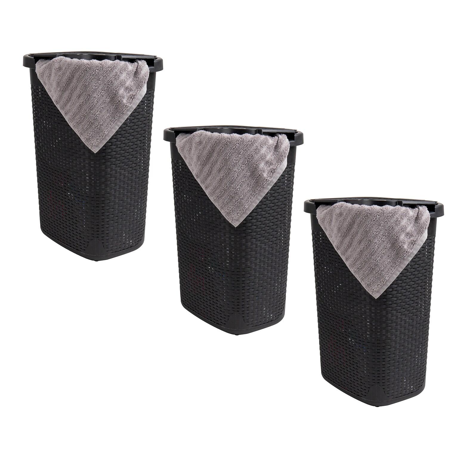 Mind Reader 15.8 Gallon Hamper with Lid, Plastic, Black, 3/Pack (3PK60HAMP-BLK)