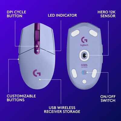 Logitech G305 Lightspeed Wireless Ergonomic Optical Gaming Mouse, Lilac (910-006020)