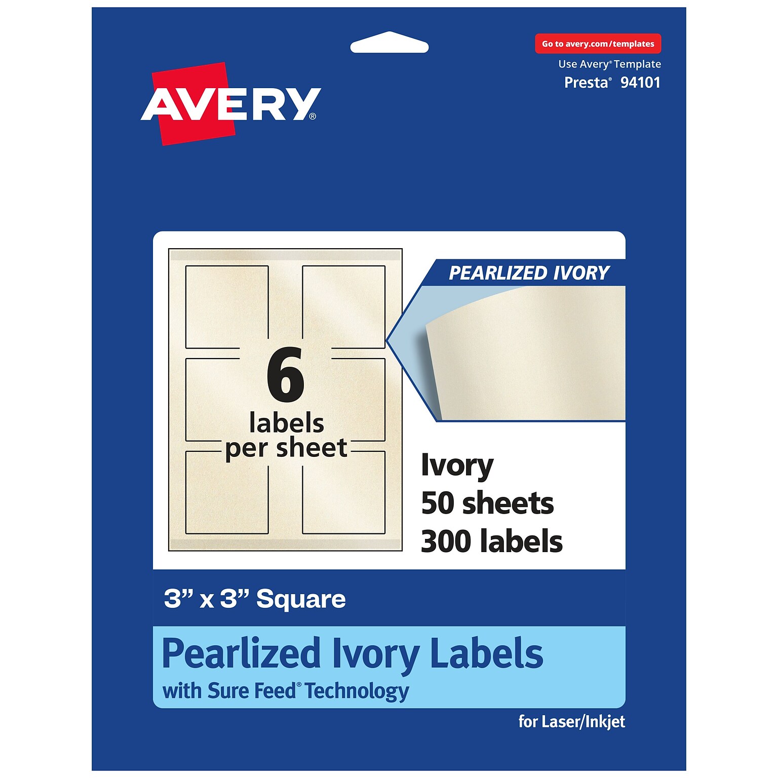 Avery Laser/Inkjet Square Pearlized Labels, 3 x 3, Ivory, 300 Labels/Box (94101)