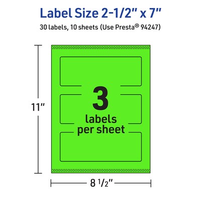 Avery Laser/Inkjet Multipurpose Rectangle Labels, 2.5" x 7", Neon Green, 30/Pack (94247)