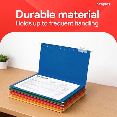Staples® Heavy Duty Bright Colored Hanging File Folders, 1/5-Cut Tab, Letter Size, Assorted Colors, 25/Box (ST875411-CC)