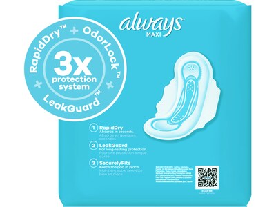 Always Maxi Long Super Daytime Pad with Wings, Unscented, 18/Pack, 8 Packs/Carton (03368)