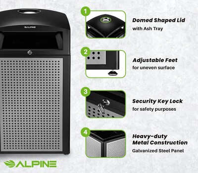 Alpine Industries Steel Outdoor Commercial Trash Can with Ashtray Lid, 40 Gallon, Silver (472-40-SIL)