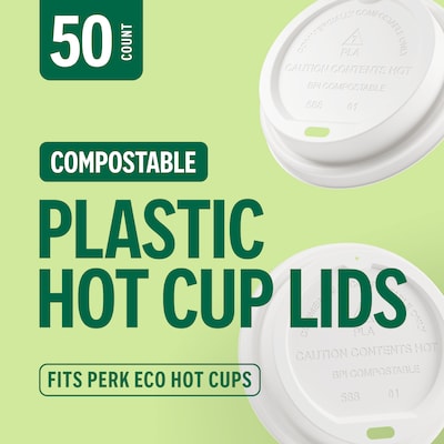 Perk Eco Compostable Plastic Hot Cup Lids, 50 Count Disposable Coffee Cup Lids for 10–16 Oz Paper Hot Cups, White