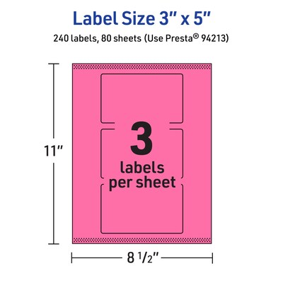 Avery Laser/Inkjet Rectangle Multipurpose Labels, 3" x 5", Bright Pink, 240/Box (94213)
