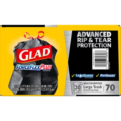 Glad ForceFlexPlus 30 Gallon Trash Bag, 5.31" x 10.06", Low Density, 0.90 mil, Black (70358)