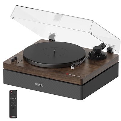 Audiosource AT33 Belt Drive turntable with 2.1 channel 120 watt Bluetooth Speakers, Walnut Woodgrain