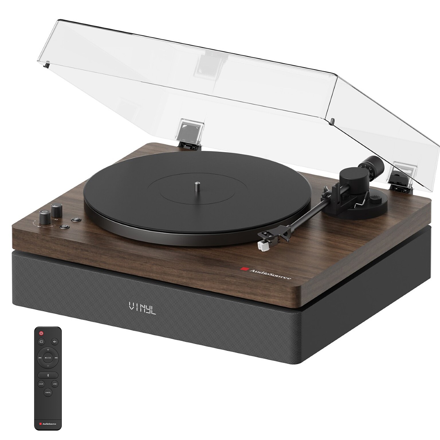 Audiosource AT33 Belt Drive turntable with 2.1 channel 120 watt Bluetooth Speakers, Walnut Woodgrain (AT3345WW)
