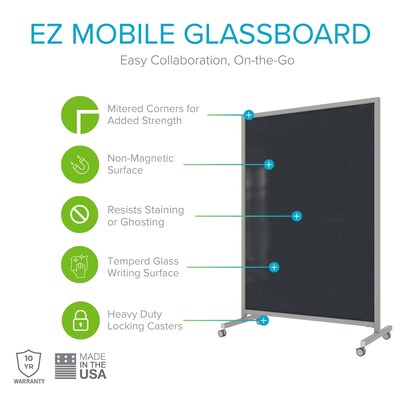 Ghent EZ Glass Mobile Dry-Erase Whiteboard, Aluminum Frame, 75H x 62W, Black (EZ1NA7562BK)