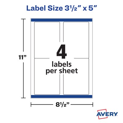 Avery Sure Feed Laser/Inkjet Shipping Labels, 3-1/2" x 5", White, 4 Labels/Sheet, 250 Sheets/Box, 1,000 Labels/Box (95935)