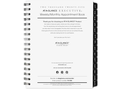 2025 AT-A-GLANCE Executive 8.75 x 6.5 Weekly & Monthly Appointment Book Refill, White/Black (70-90