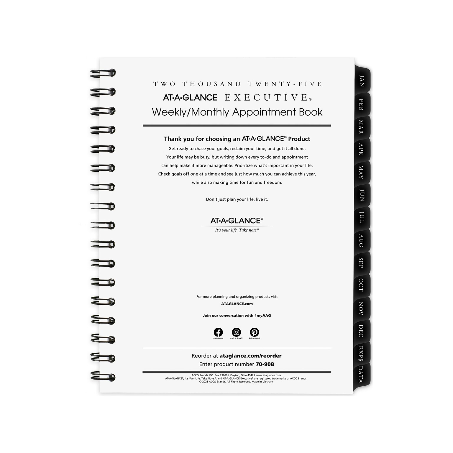 2025 AT-A-GLANCE Executive 8.75 x 6.5 Weekly & Monthly Appointment Book Refill, White/Black (70-908-10-25)