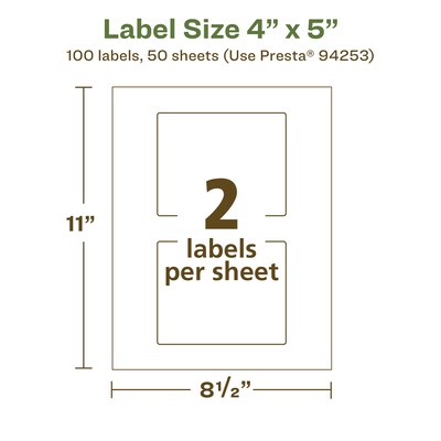 Avery EcoFriendly Laser/Inkjet Rectangle Multipurpose Labels, 4" x 5", White, 100/Box (94253)