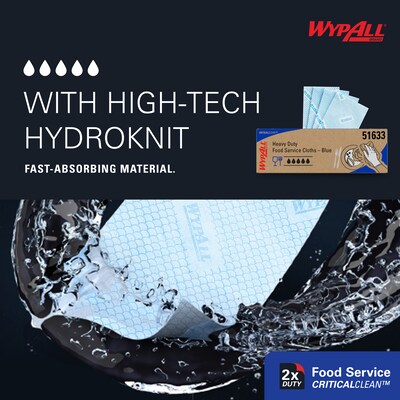 WypAll CriticalClean Foodservice Fabric Food Service Cloths, 23.5" x 12.5", Blue, 100 Cloths/Pack (51633)