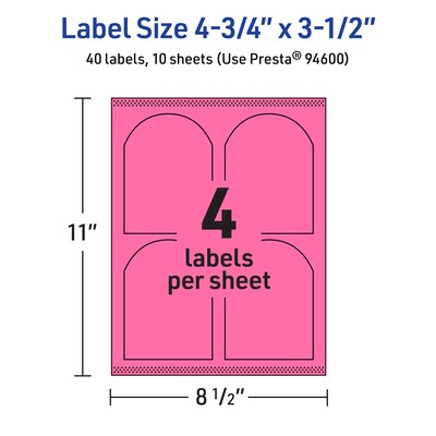 Avery Laser/Inkjet Arched Multipurpose Labels, 4.75" x 3.5", Bright Pink, 40/Pack (94600)