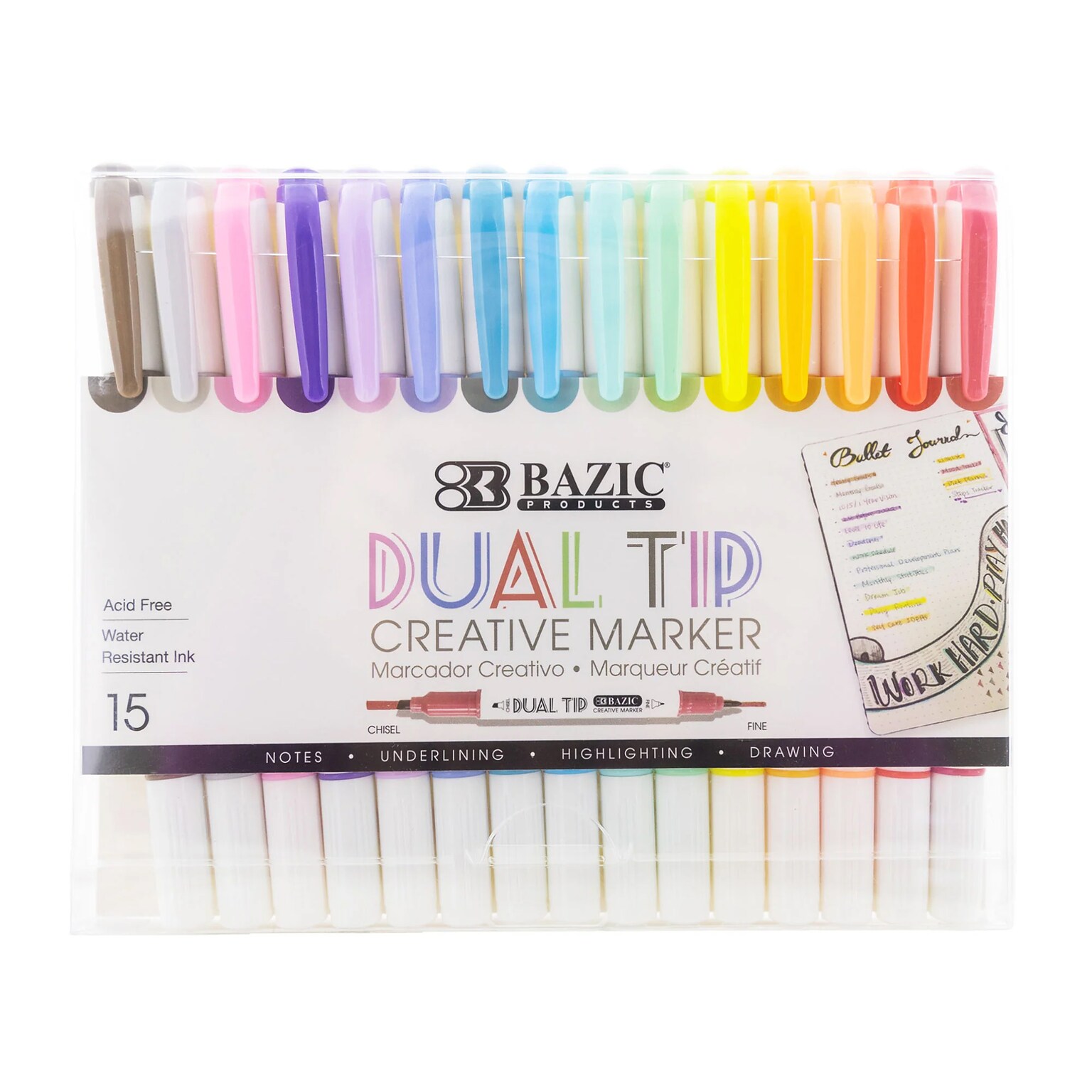Bazic Alcohol-Based Markers, Twin Tip, Assorted Colors, 15/Pack (BAZ1215)