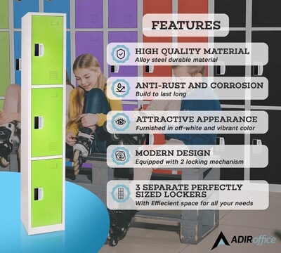 AdirOffice 72"H 3-Tier Green Storage Locker (ADI629-203-GRN-DL)