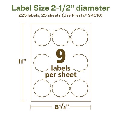 Avery EcoFriendly Laser/Inkjet Decorative Edge Multipurpose Labels, 2-1/2" Dia., White, 225/Pack (94516)