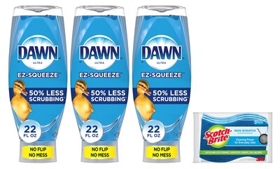 Dawn Ultra EZ-SQUEEZE Dish Soap, 22 oz, 3/Pack with Scotch-Brite Non-Scratch Scrub Sponge 3/Pack
