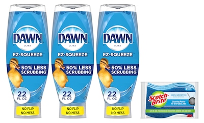 Dawn Ultra EZ-SQUEEZE Dish Soap, 22 oz, 3/Pack with Scotch-Brite Non-Scratch Scrub Sponge 3/Pack